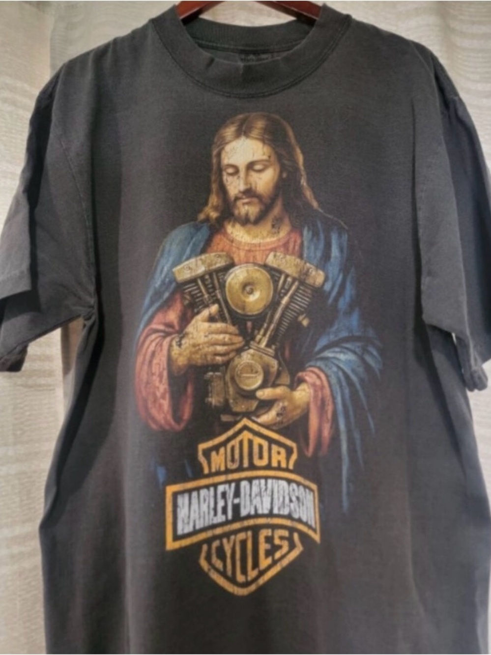 Harley-Davidson Black Tee with Multicolor Jesus Motorcycle Graphic